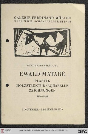 Sonderausstellung Ewald Mataré, Plastik, Holzstruktur, Aquarelle, Zeichnungen : 1920-1929 : 3. November-4. Dezember 1929