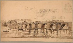 Die Elbbrücke (alte Augustusbrücke) in Dresden nach Nordosten während der Reparaturarbeiten nach dem Hochwasser im Frühjahr 1845, im Hintergrund die Häuser der Neustadt, mit Bleistift-Konstruktionsskizzen