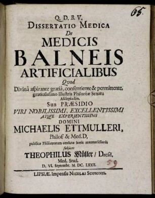 Dissertatio Medica De Medicis Balneis Artificialibus