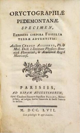 Oryctographiae Pedemontanae specimen : exhibens corpora fossilia terrae adventitia