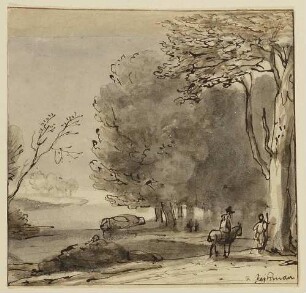 Landschaft, links Wasser, rechts große Bäume und ein Reiter