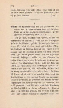 674-676 [Rezension] Hoffmann, Jakob, Geschichte der Laienkommunion bis zum Tridentinum