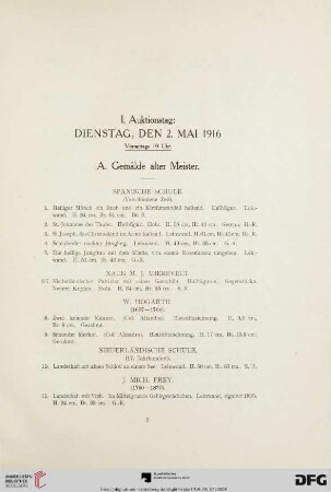 I. Auktionstag: Dienstag, den 2. Mai 1916 (Nr. 1-302)