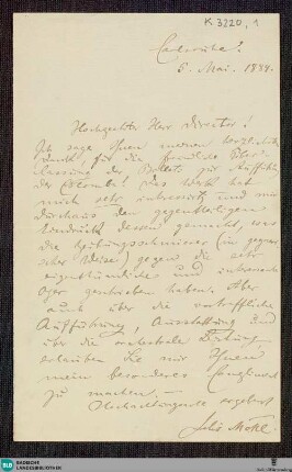 Brief von Felix Mottl an einen Theaterdirektor vom 05.05.1889 - K 3220, 1