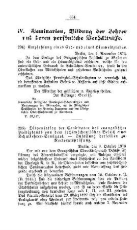 Empfehlung eines Erd- und eines Himmelsglobus : [IV. Seminarien, Bildung der Lehrer und deren persönliche Verhältnisse]