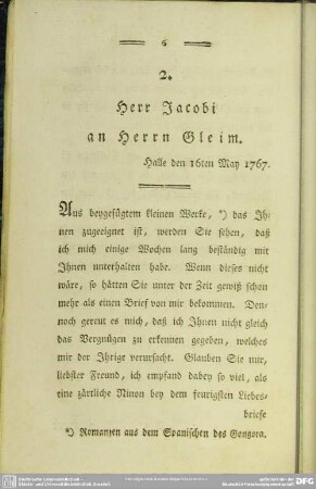 2. Herr Jacobi an Herrn Gleim. Halle den 16ten May 1767