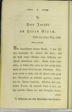 2. Herr Jacobi an Herrn Gleim. Halle den 16ten May 1767