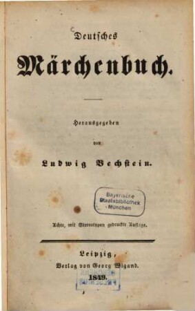 Deutsches Märchenbuch : Herausgegeben von Ludwig Bechstein