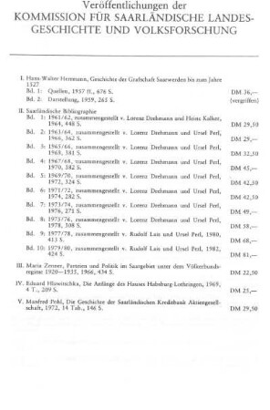 Schriftenübersicht: Veröffentlichungen der Kommission für saarländische Landesgeschichte und Volksforschung
