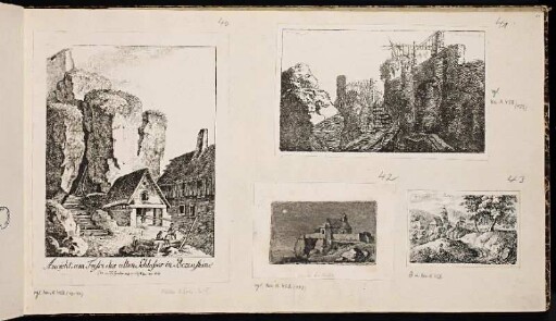 [40] Ansicht am Fusse des alten Schlosses in Bezenstein. - Burg Betzenstein, Betzenstein. [41] In Bezenstein. - Burg Betzenstein, Betzenstein. [42] Capelle bei Castel. [43] Altenthann. - Sankt Nikolaus, Schwarzenbruck-Altenthann