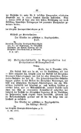 Ressortverhältnisse in Angelegenheiten des Präparanden-Bildungswesens : [IV. Seminarien, Bildung der Lehrer und deren persönliche Verhältnisse]