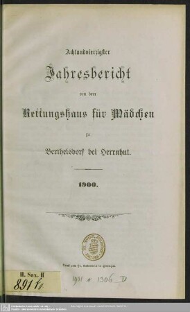 48.1900: Jahresbericht von dem Rettungshaus für Mädchen zu Berthelsdorf bei Herrnhut