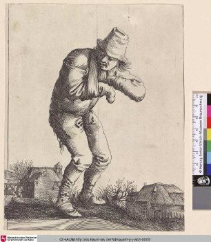 [Ein Bettler mit deformiertem Arm; A male beggar with deformed arms in foreground, seen almost in profile to right, a village with a water-mill in background]