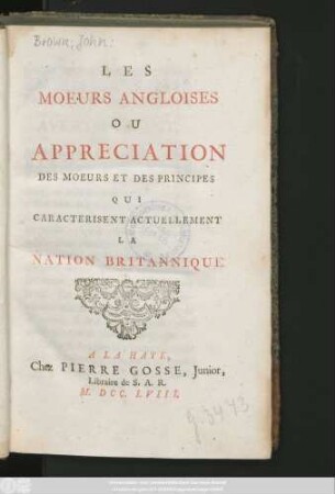 Les Moeurs Angloises Ou Appréciation Des Moeurs Et Des Principes Qui Caracterisent Actuellement La Nation Britannique