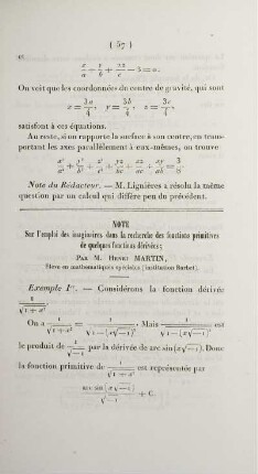 Note sur l'emploi des imaginaires dans la recherche des fonctions primitives de quelques fonctions dérivées.