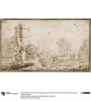 Landschaft mit Burgruine und Reisenden