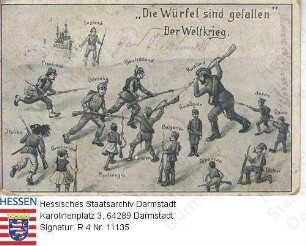 Militär, Feldpostkarten / Feldpostkarte mit Karikatur 'Die Würfel sind gefallen. Der Weltkrieg'