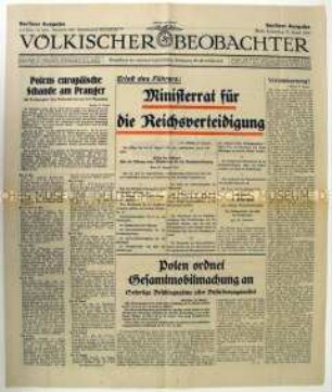 Tageszeitung "Völkischer Beobachter" mit Kriegspropaganda gegen Polen