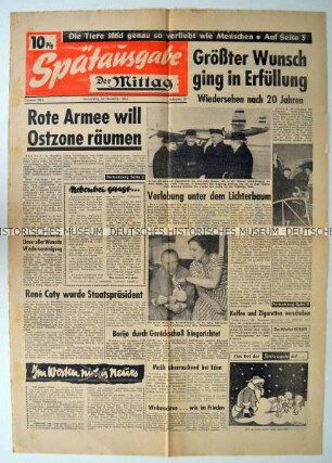 Titelseite der Spätausgabe der Tageszeitung "Der Mittag" zur Vorhersage eines Astrologen nach der die Sowjetunion Vorbereitungen zum vollständigen Rückzug aus ihrer Besatzungszone treffen würde