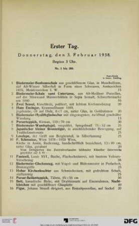 Erster Tag: Donnerstag, den 3. Februar 1938, Beginn 3 Uhr (Nr. 1-380)