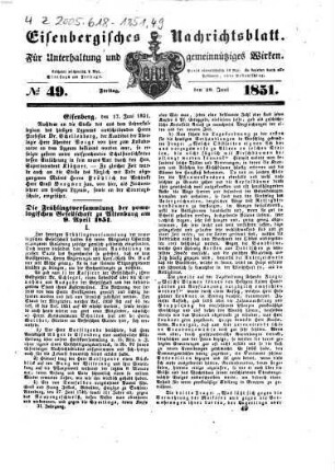Eisenbergisches Nachrichtsblatt : für Unterhaltung und gemeinnütziges Wirken. 1851, No. 49 = 20. Juni 1851