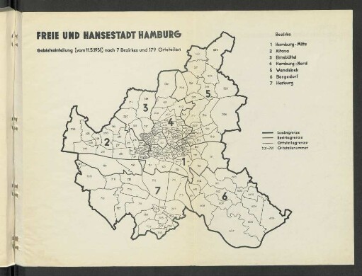 Karte 4: Freie und Hansestadt Hamburg Gebietseinteilung [vom 11.5.1951] nach 7 Bezirken und 179 Ortsteilen