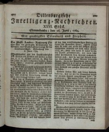 XXVI. Stück. Sonnabends: den 26. Junii, 1784.