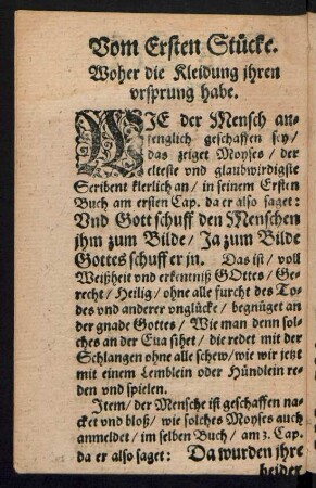 Vom Ersten Stücke. Woher die Kleidung ihren ursprung habe.