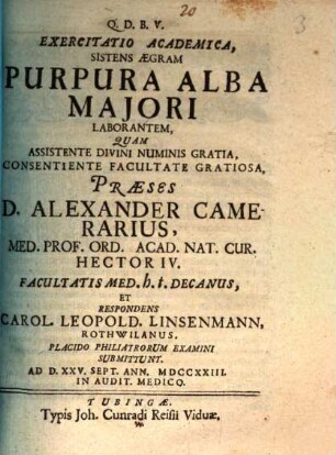 Exercitatio acad. sistens aegram purpura alba maiori laborantem