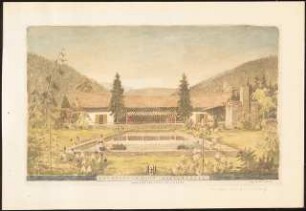 Landhaus, Nyon (Haus Schwebes, zahlreiche Varianten): Perspektivische Ansicht (Gartenseite, Sommer, Flachbau mit Satteldach)