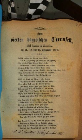 Zum vierten bayerischen Turnfest, festlich begangen zu Regensburg, am 11., 12., und 13. September 1875