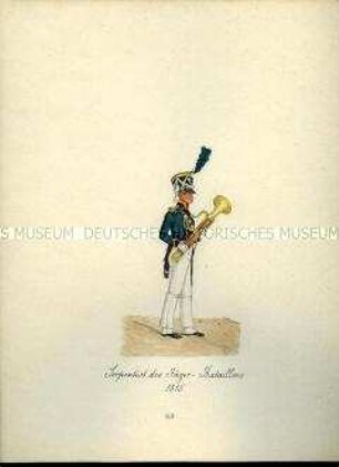 Uniformdarstellung, Serpentist des Jäger-Bataillons, 1815. Aus: Sammelmappe "Sachsens Militär", Königliche Arsenalsammlung.