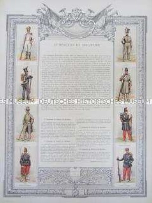 Uniformdarstellung, Uniformen von Soldaten der Füsilier- und Pionier-Kompanien "de Discipline" und Beschreibung der Organisation, Frankreich, 1818-1893.