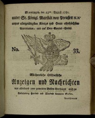 No. 33. Montags, den 13ten August 1781.