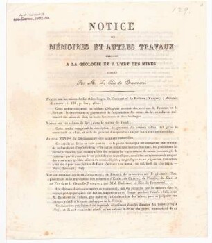 Notice des mémoires et autres travaux relatifs a la Géologie et a l'art des mines.