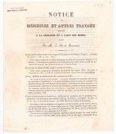 Notice des mémoires et autres travaux relatifs a la Géologie et a l'art des mines.