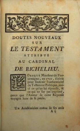 Doutes nouveaux sur le testament attribué au Cardinal de Richelieu
