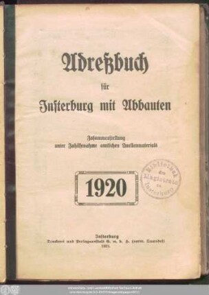 1920: Adressbuch für Insterburg mit Abbauten
