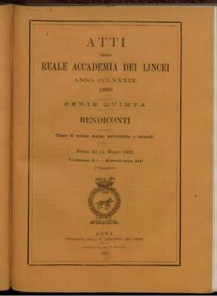 Seduta del 15 Maggio 1892 Volume I. - Fascicolo 10.