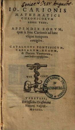 Chronicorum libri tres : Appendix eorum quae a fine Carionis ad haec usque tempora contigere