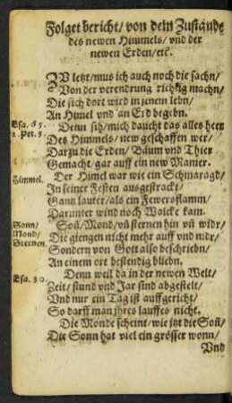 Foget bericht/ von dem Zustande des newen Himmels/ und der newen Erden/ etc.