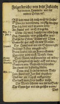Foget bericht/ von dem Zustande des newen Himmels/ und der newen Erden/ etc.