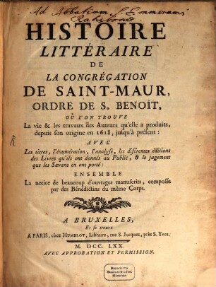 Histoire littéraire de la Congrégation de Saint-Maur
