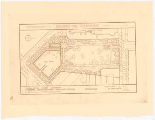 Schustehruspark/Oppenheimscher Park, Berlin-Charlottenburg: Plan der Anlage im Grundriss - Revisionszeichnung 1:500, Maßstabsleiste, Bezeichnung einzelner Teile, Legende