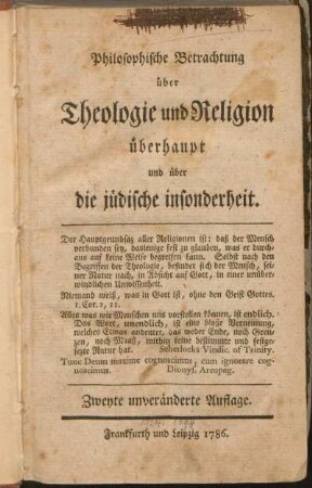 Philosophische Betrachtung über Theologie und Religion überhaupt und über die jüdische insonderheit