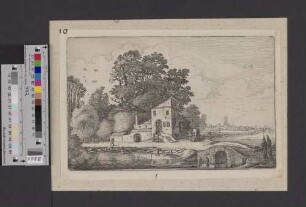 [Steinernes Haus an einem See mit einer Brücke]
