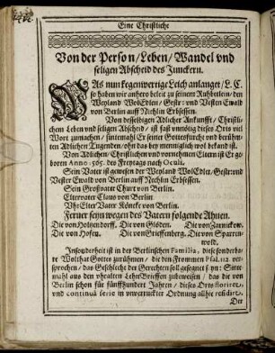 Von der Person/ Leben/ Wandel und seligen Abscheid des Junckern.