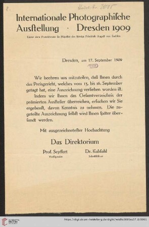 Brief von Internationale Photographische Ausstellung Dresden an Max Wolf: Brief von Oskar Seyffert und Gustav Adolf Kuhfahl von Internationale Photographische Ausstellung (Dresden) an Max Wolf