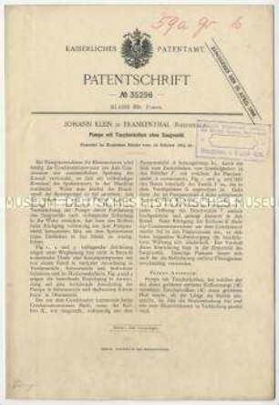 Patentschrift einer Pumpe mit Taucherkolben ohne Saugventil, Patent-Nr. 35296