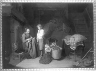 Bäuerliches Interieur mit Frau und Kindern